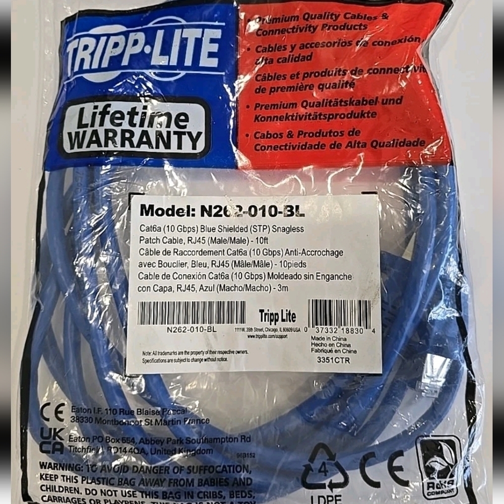 New Tripp Lite Model N262-010-BL Cat6a 10 Gbps Blue Shielded  Patch Cable RJ45